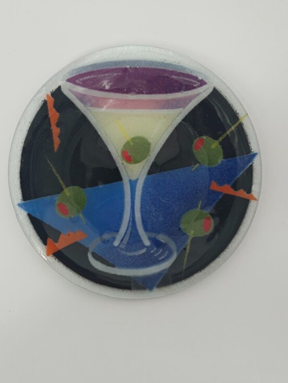 Peggy Karr Fused Art Glass Martini Cocktail Happy Hour Serving Plate Vintage